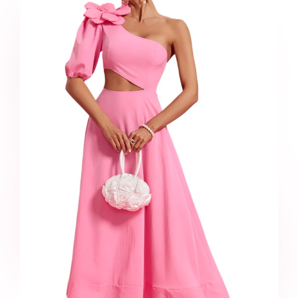One-Shoulder Pink Cutout Flower Maxi Dress